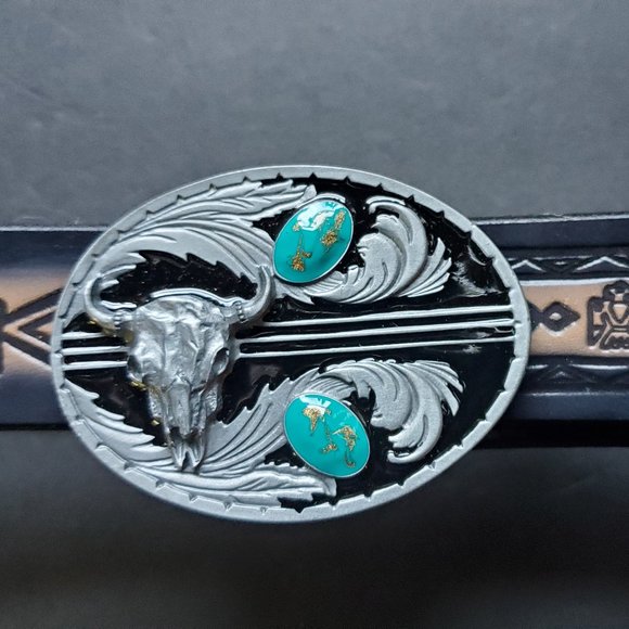 Embossed Steer Head Leather Belt & STEER HEAD High Detail Epoxy/Enamel Buckle - Picture 1 of 5